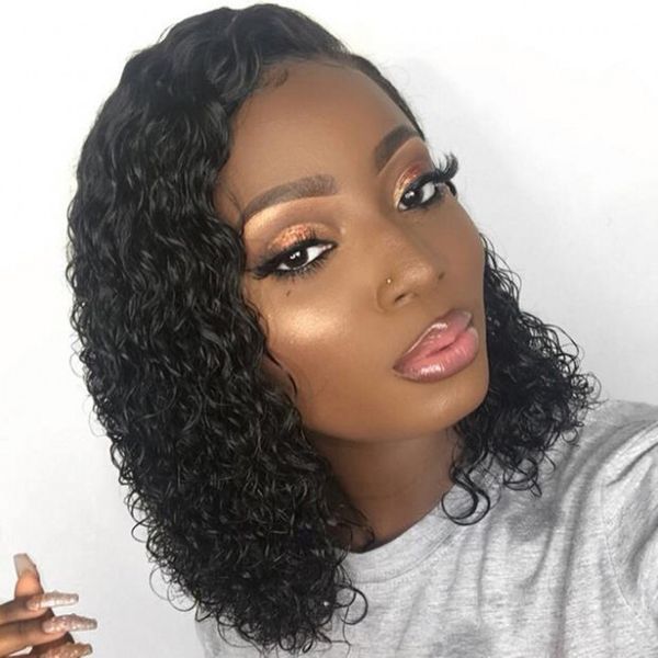 

brazilian human hair curly lace front wig with baby hair pre plucked short human hair bob wigs natural hairline, Black;brown