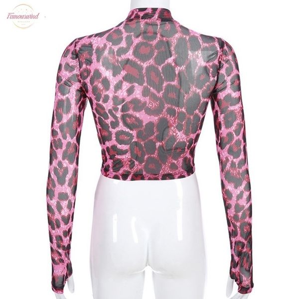 

pink leopard print mesh female t shirt long sleeve transparent crop tee summer 2020 harajuku women new, White
