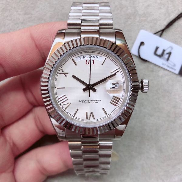 

40mm белый циферблат президент мужские часы устойчив к царапинам сапфировое стекло часы автоматические механические римские цифры час маркер, Slivery;brown