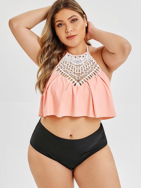 

wipalo crochet panel halter overlay plus size tankini set women swimsuit 2019 two pieces set padded bathing suit swimwear