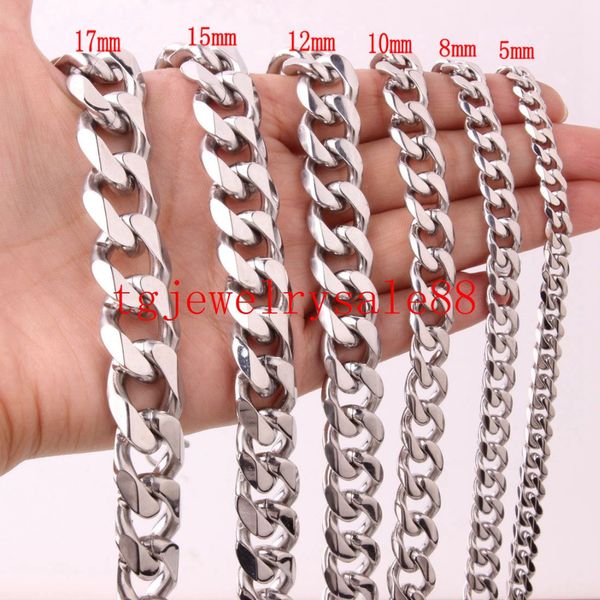 5/8/10/12/15/17/19 milímetros Largo Arrefecer motociclista Men Stainless Steel Polimento de prata Curb cubana Chain Link pulseira ou colar 7-40inch