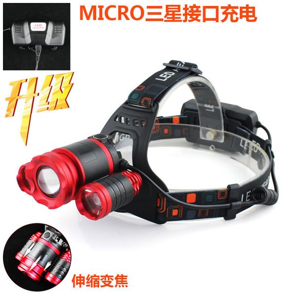 

new pattern 3led light usb charge t6 + 2xpe focusing aircraft lamp head wearing type headlights outdoors lighting