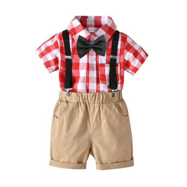 

baby boy clothes 2020 boy plaid bow shirts with cotton overalls summer kids clothing fashion gentleman 2pcs outfits, White