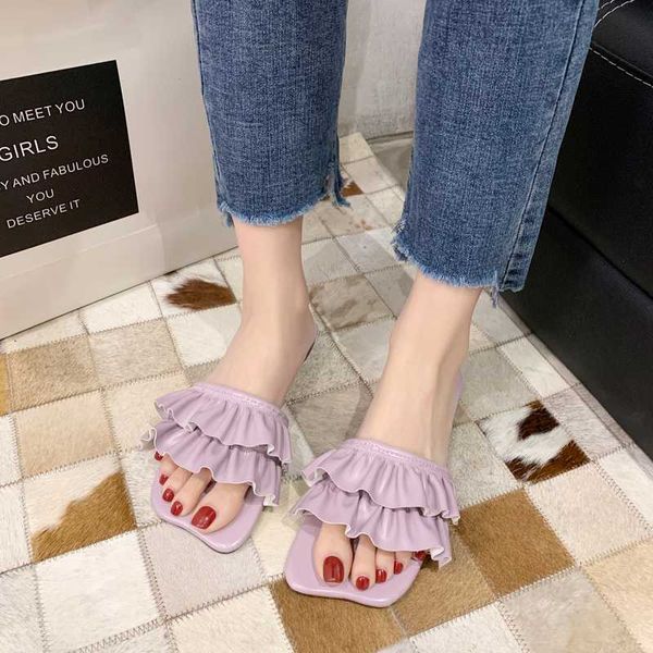 

ruffles flat slippers women pu leather slides summer vacation beach slippers women fashion outer wear soft sole slides 2020, Black
