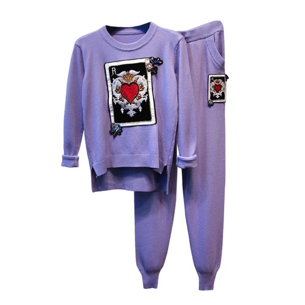 

amolapha women embroidery pattern knitted irregular sweater +pants two pieces sets knit trousers suits, Gray