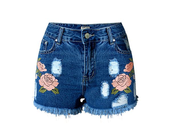 

fashion flower embroidered jeans shorts ripped jeans for women plus size high waist short woman tassel slim straight, Blue