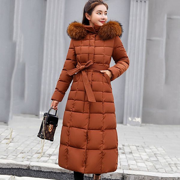 

casual women parkas down cotton padded jackets winter long jackets fur collar thicken female slim warm coat femme, Black
