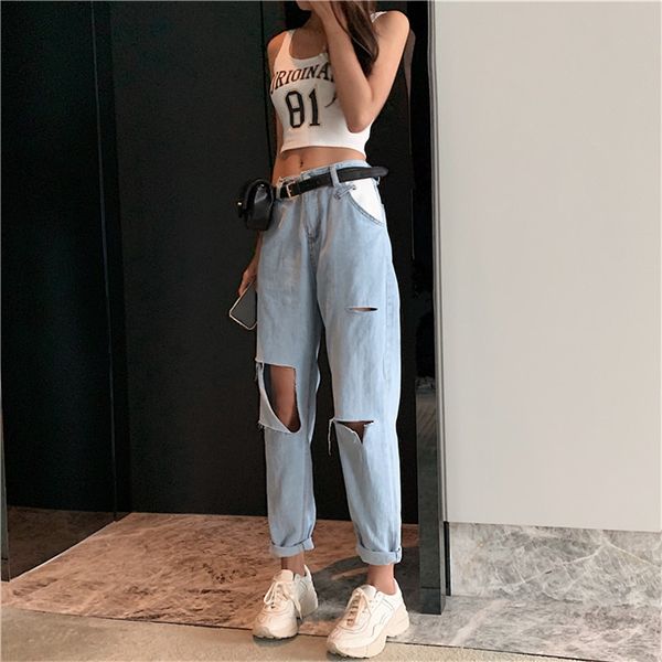

jujuland woman summer hole straight leg baggy high street style jeans 9338, Blue