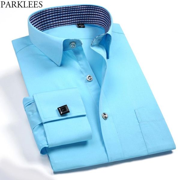 

solid work shirt men french cufflink long sleeve male blue plaid printed lining shirts business casual daily chemise homme xxxxl, White;black