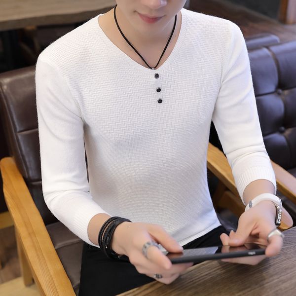 

2019 new autumn winter fashion brand casual sweater men v-neck solid slim fit knitting men's sweaters pullovers male, White;black