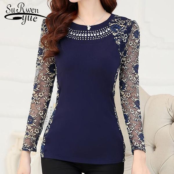 

new fashion women's plus size lace blouse shirts ladies long sleeve slim lace patchwork women 160f 20, White