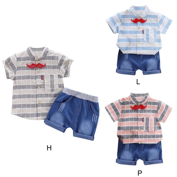 

2pcs/set 2019 summer baby boys cotton short sleeve plaid print blouse t-shirt+denim shorts casual outfits sets, White