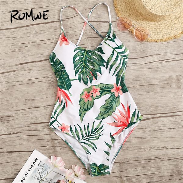 

romwe спорт купальник тропическая печать кружева назад one piece монокини купальники женщины 2019 лето пляжный отдых купальниках, White;black