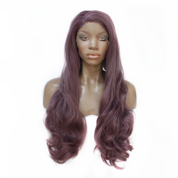 

body wavy synthetic lace front wig side part long wavy purple hair glueless heat resistant fiber female wig fashion style, Black