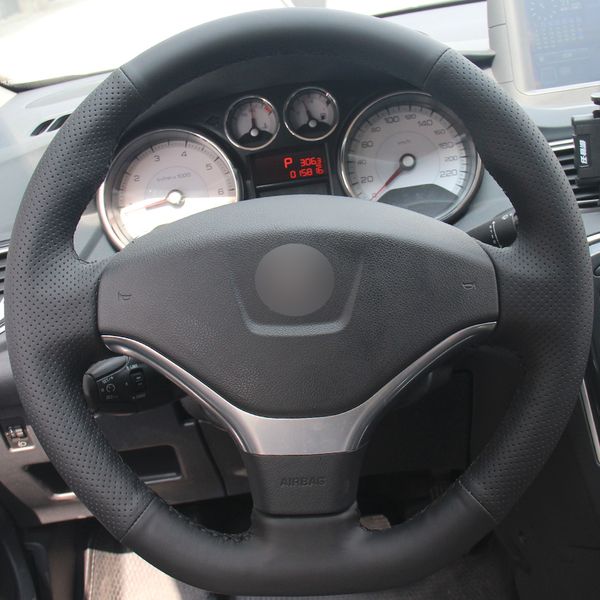 

black natural leather car steering wheel cover for peugeot 308 2012-2014