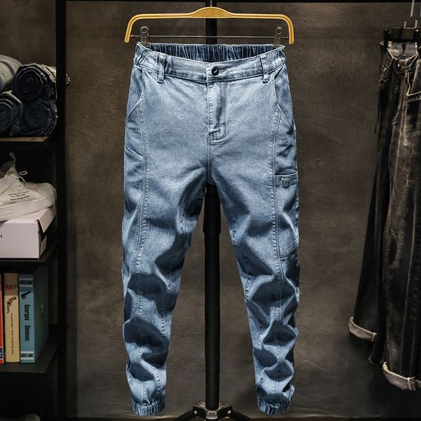 

spring new jeans men slim fashion washed retro tooling wind multi-pocket denim pants man streetwear hip-hop male clothes -5xl, Blue