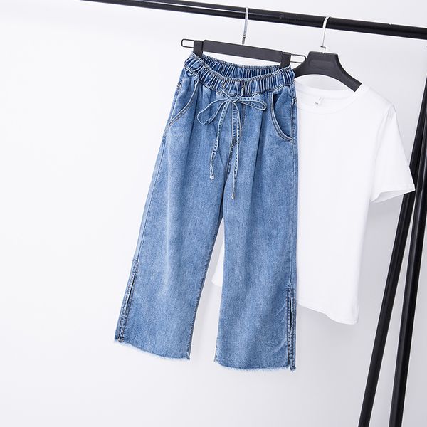 

plus size women jeans for women elastic waist jeans wide leg pants casual loose female drawstring denim trousers wj96, Blue