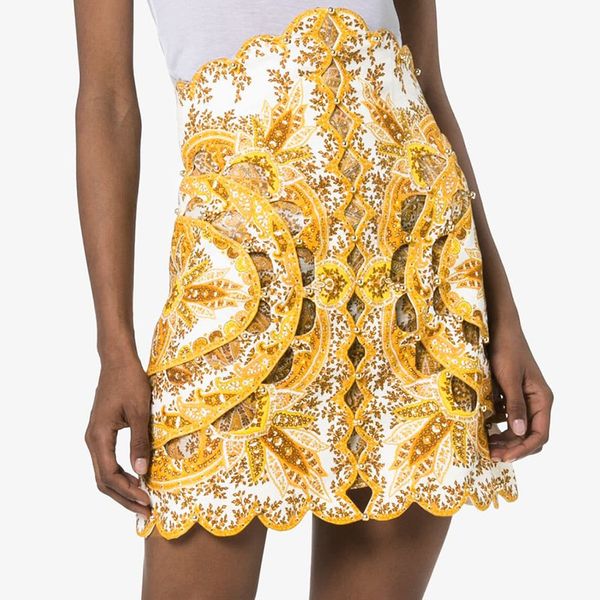 

2019 summer new runway design women skirt vintage print hollow out empire a-line skirt beading rivet wave mini elegant, Black