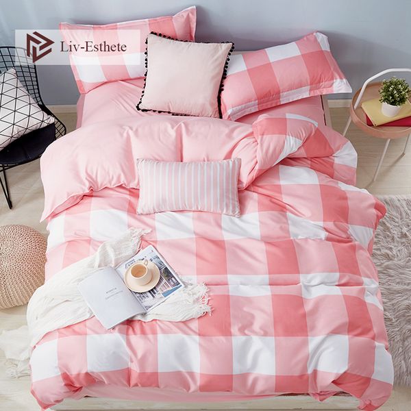 

liv-esthete fashion classic grid red bedding set double  king bed linen soft duvet cover flat sheet pillowcase for adult