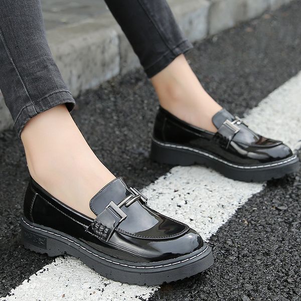 

metal buckle decoration oxfords creepers ladies platform espadrilles shoes woman spring large size 43 office small leather shoes, Black