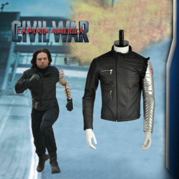 

captain america civil war winter soldier bucky barnes coat cosplay jacket custom, Black;red