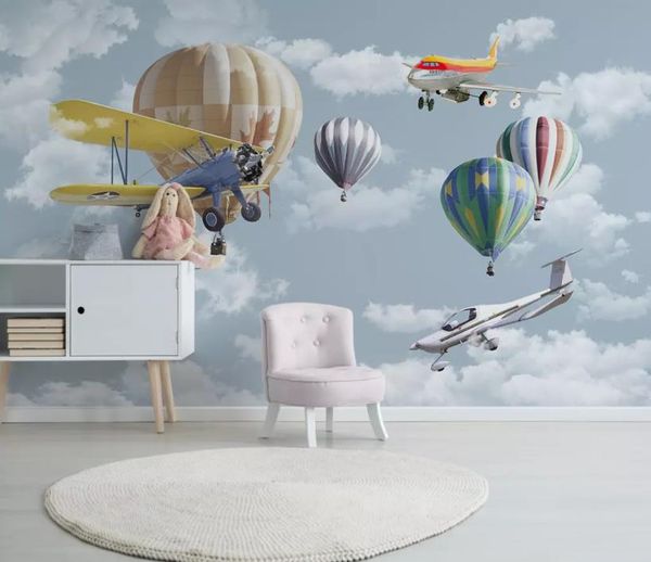 Papel de parede personalizado desenhos animados Balão de Avião Crianças Quarto de fundo Parede Sala de estar Quarto TV Fundo Mural 3D papel de parede