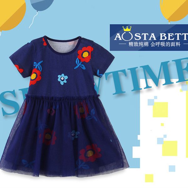 

2-7t kids dresses summer baby girl lace tutu dress round neck short sleeve gauze floral flower print beach dress princess skirt cz226, Red;yellow
