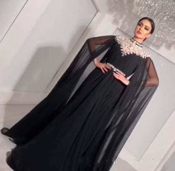 

2020 luxury black evening dresses chiffon with long capped high neck rhinestone floor length plus size formal prom party celebrity dresses, Black;red
