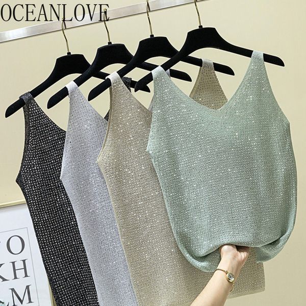 

oceanlove lurex solid shining fashion tank solid v neck diamonds fashion camis 2020 spring summer new clothes 15367, White