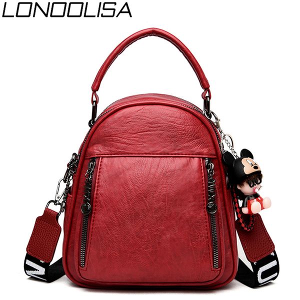 

3 in 1 casual womens soft leather mini backpack cartoon pendant school bags for teenage girls solid back pack mochila feminina