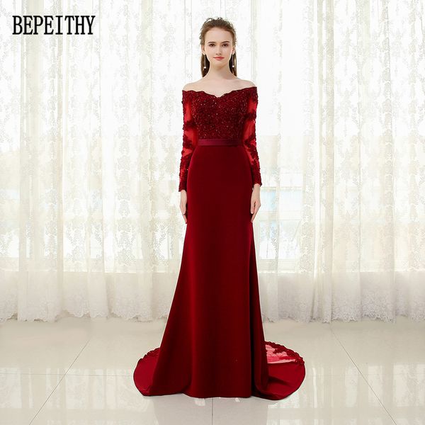 

bepeithy vestido de festa 2019 new arrival burgundy prom dress appliques beads mermaid long sleeve sash evening dresses, White;black
