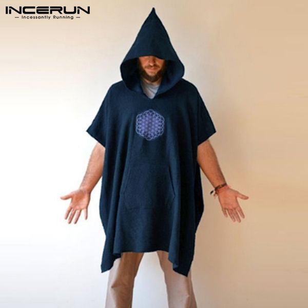 

incerun men short sleeve hooded cloak pullover print hoodies casual baggy comfort big pockets daily joker trend mens sweatshrit, Black