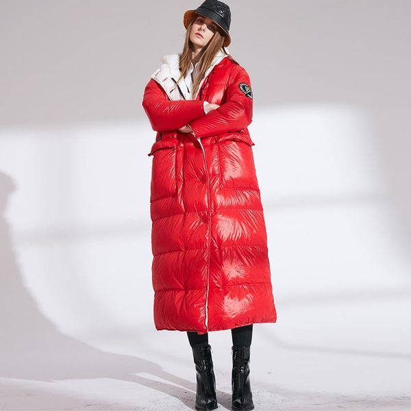 

heydress 2019 women fashion double size winter warm down coat lady long 90% white down jacket female red hooded outwear, Black