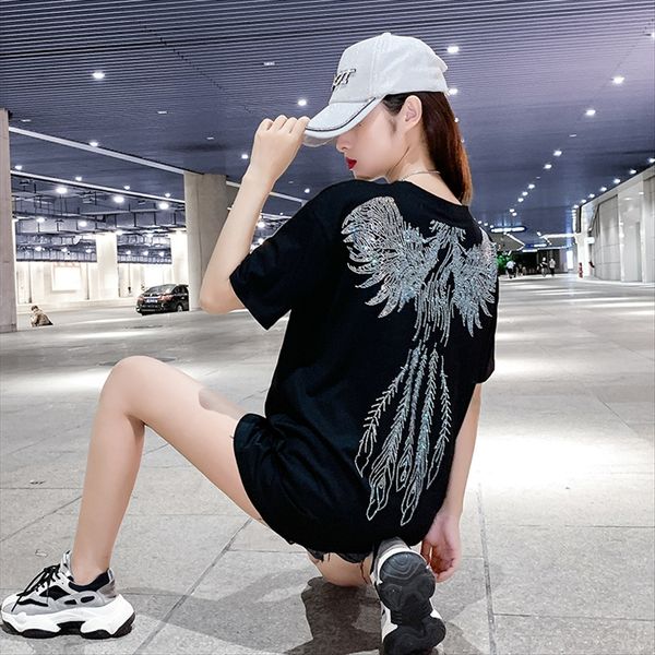 

pure cotton female 2020 european heavy industry drilling phoenix large t-shirt cotton t-shirt size loose midi ins fashion, White