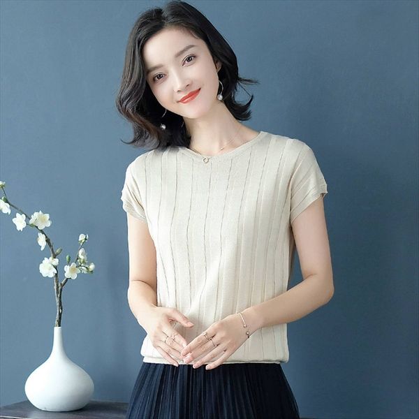 

summer 2020 thin short sleeve round neck solid color t- t- shirt short loose simple ice silk knitted shirt, White