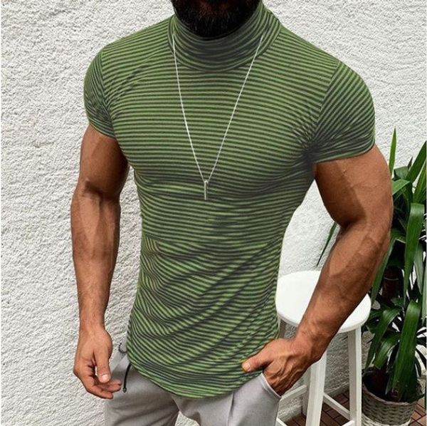 

summer men short sleeve t shirt casual high collar striped elastic fit streetwear white green striped short sleeve men, White;black