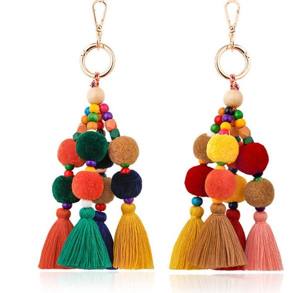 

ball tassel keychain for women bag pendant key ring bohemian handmade handbag keychains decoration xmas gift, Slivery;golden