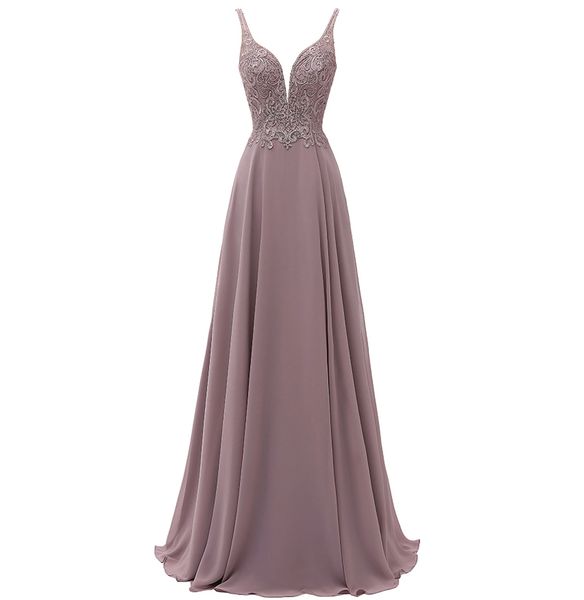

Formal Long Evening Dresses Deep V Neck Spaghetti Straps Low Back Evening Gowns Chiffon Lace Applique Gala Party Dress for Women, Pink