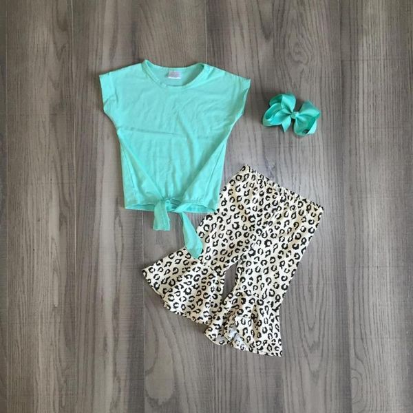 

new arrivals summer baby girls mint tie knot leopard milk silk children clothes cheetah capris boutique ruffles match bow, White