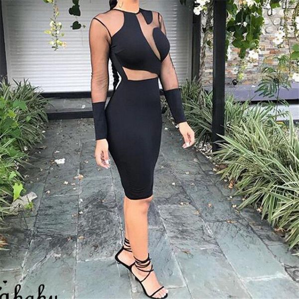 

autumn women lace patchwork bandage bodycon casual long sleeve hollow evening party midi pencil dress solid suits, Black;gray