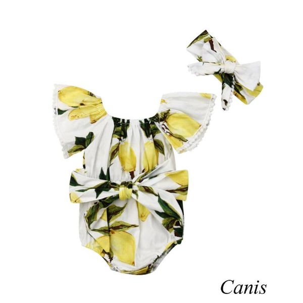 

new summer infant baby girl lemon off-shoulder romper bow bodysuit sunsuit outfit baby clothes, White