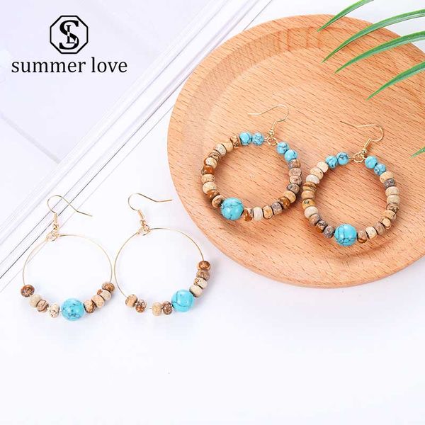 

bohemian natural stone circle beaded hoop earrings for women vintage gold alloy fashion handmade dangle earrings jewelry, Silver