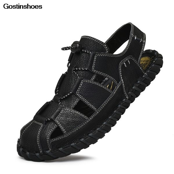 

sandals men leather sandale homme cowhide hollow casual closed toe stitching zapatos hombre for, Black