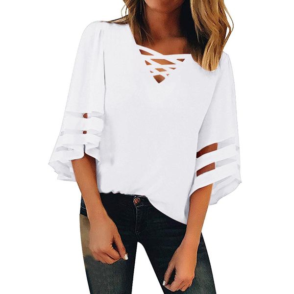 

women blouse v neck flared sleeves patchwork shirts solid spring summer blouse women plus size blusas mujer de moda 2019, White