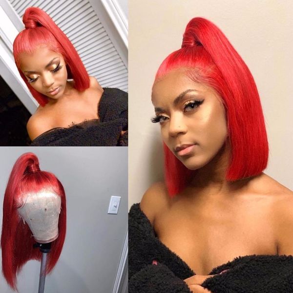 

ombre красных человеческих волос парики коротких парики боба 13x4 кружево лобный парик цвет фронт шнурок с волосами младенца remyblue перуан, Black