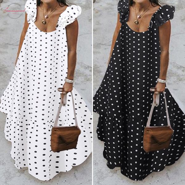 

2020 summer leopard sundress women bohemian polka printed maxi dress casual female sleeveless robe long ruffles ankle length vestidos, Black;gray