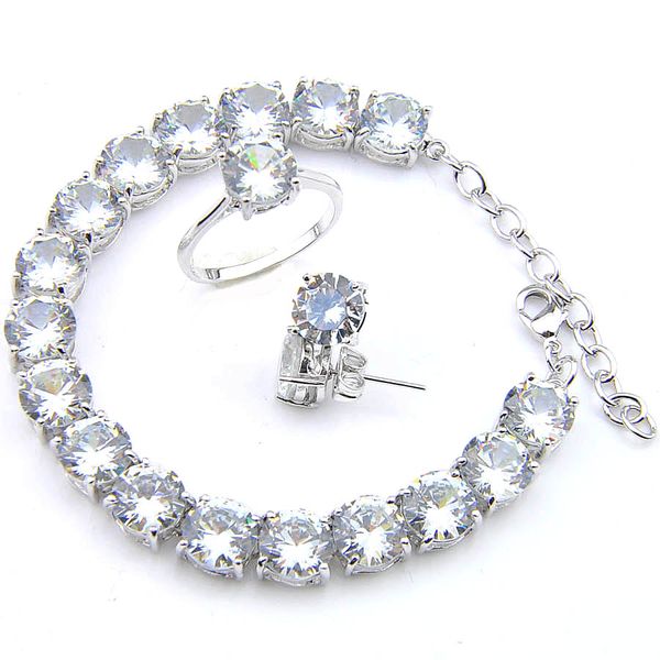 Commercio all'ingrosso 925 donne in argento sterling anello orecchini set di braccialetti rotondi bianchi zirconi gemme set di gioielli gioielli da sposa Sett 8'in