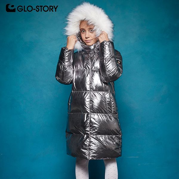 

glo-story детей девушка рождественские шиння мода длинных ветровки 2018. девочка-подростка зима толстого теплая куртка пальто с меховым hood, Blue;gray