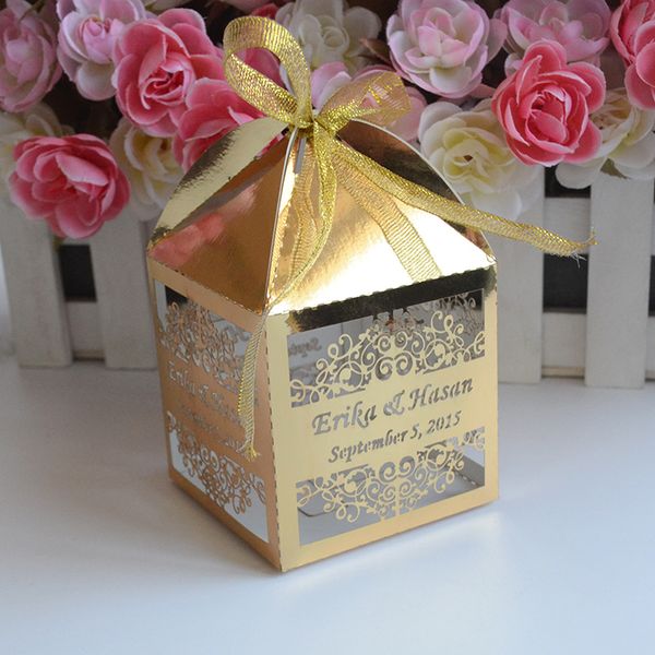 

cone shaped custom metallic gold laser cut wedding favor boxes