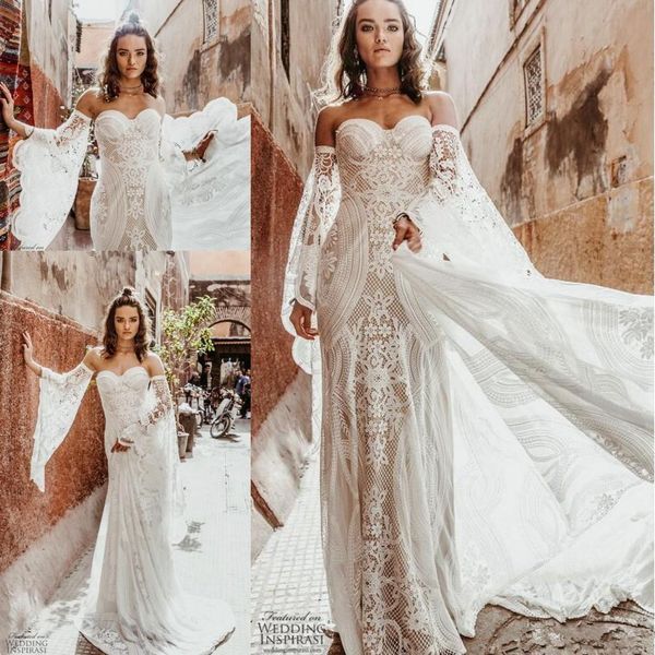 

wild heart bohemian sheath wedding dresses long sleeve rue de seine vintage crochet lace applique country bride dress robe de mariee, White